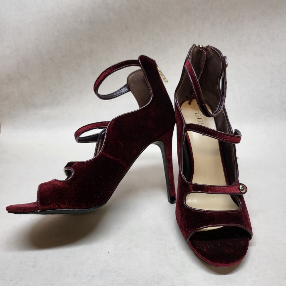 Guess Deep Red Velvet Strappy Stilletos Size 8.5M